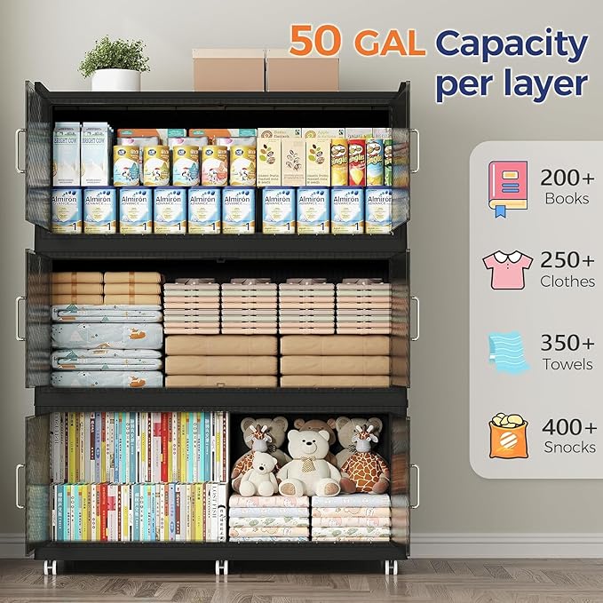 600QT Extra Large Storage Bins with Lid and Wheels, 150Gal Stackable Closet Organizers and Storage Cabinet, Collapsible Storage Box Drawer with Doors for Home Kitchen Office Dorm, 3Pack Black