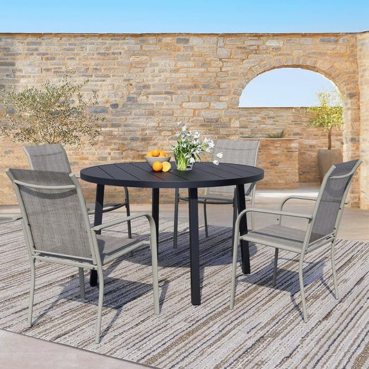 5 Pieces Patio Dining Set for 4, Grey Patio Stackable Chairs and Black Round Table Set of 4, Outdoor Furniture Set with Sling Support for Outside, Garden