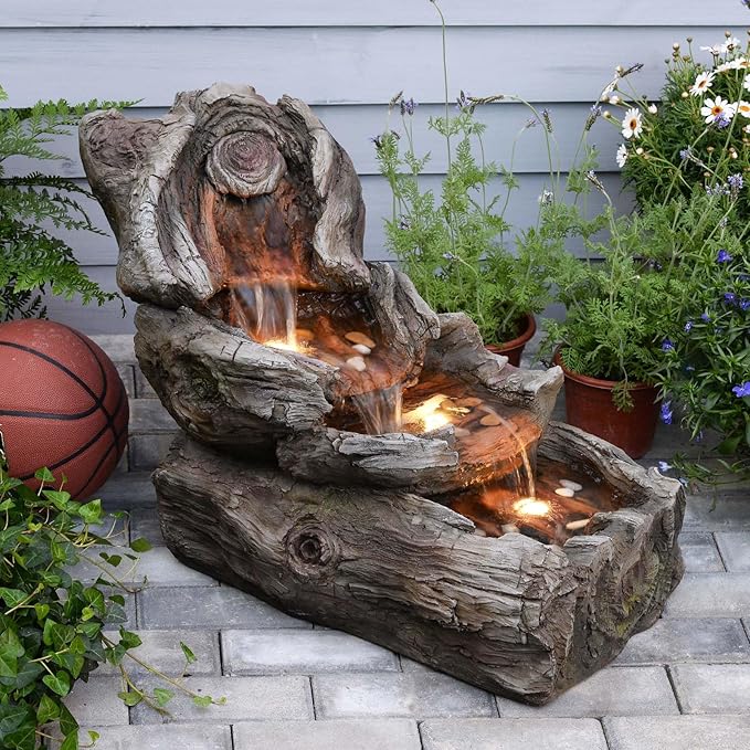 31.5" L Garden Water Fountain Indoor/Outdoor, Artifical Imitation Wood Outdoor Water Fountain Natural Waterfall with LED Lights for Patio,Porch,Backyard,Home Art Decor Big Clearance