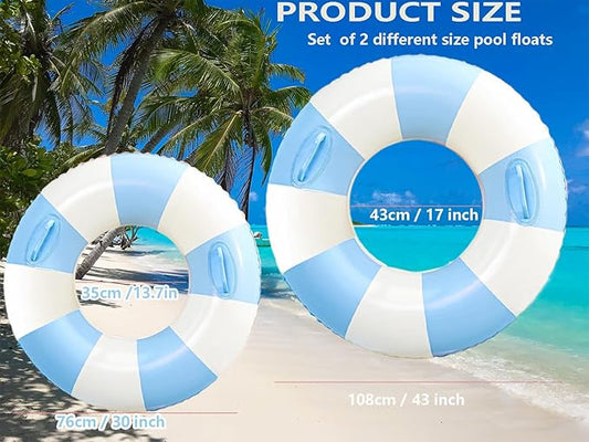 Set of 2 Inflatable Pool Floats for Adults 30" and 43"- Striped Floaties Pool Tubes Swim Rings with Handles Inflatable Pool Float for Swimming Pool Party Lake Beach Adults