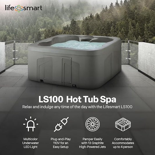 LifeSmart 4-Person Hot Tub with 13 High-Powered Jets & LED Lighting, Square, Taupe - Outdoor Spa w/ 4 Bucket Seats, Pump & Cover, 205-Gallon Water Capacity