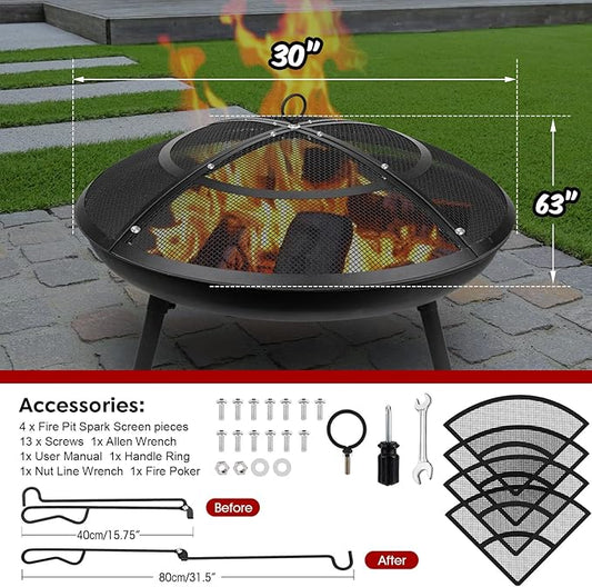 Fire Pit Spark Screen,30 Inch Fire Pit Screen Cover Outdoor with Handle&Poker,Firepit Screens Round Cover Mesh Replacement Heavy-Duty Steel Fire Pit Covert for Backyard/Beach/RV Camping
