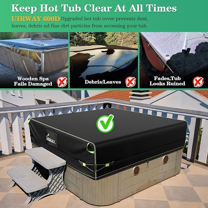 Uirway 600D Square Hot Tub Cover 80”L x 80”W x 20”H [2025 Upgraded Heavy Duty Fabric] Outdoor Waterproof SPA Covers for Hot Tub, New Super Windproof Straps, Hot Tub Winter Cover Protector with Anti-UV