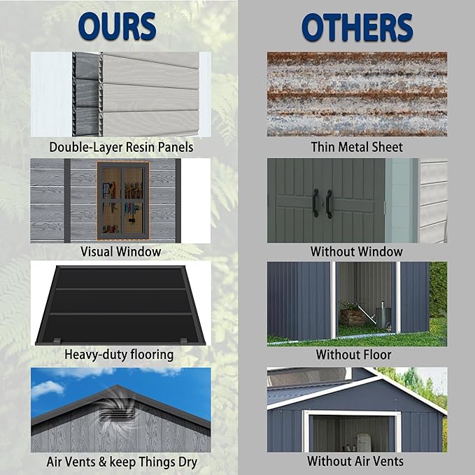 8.7x5.5 FT Resin Outdoor Storage Shed with Floor, Weather-Resistant Plastic Garden Shed with Windows, Lockable Door and Vents, Outside Tool Storage Sheds for Backyard, Garden, Lawn, Wood Grain
