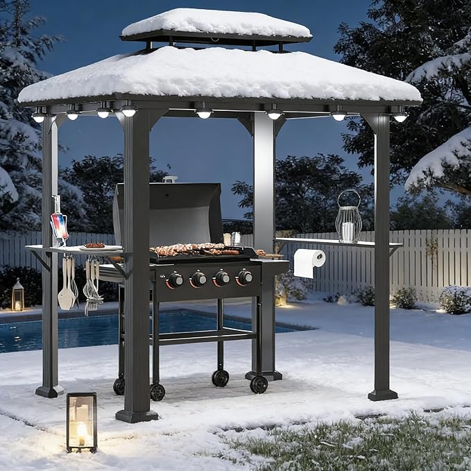 Modern Shade Grill Gazebo 6' X 8', Aluminum BBQ Gazebos with Shelves and Ceiling Hook, Grill Canopy Hardtop with Galvanized Steel Roof, Extra-Wide Column Design, Outdoor Grill Gazebo for Patio, Black