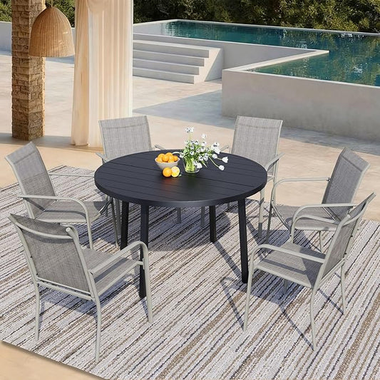 7 Pieces Patio Dining Set for 6, Grey Patio Stackable Chairs and Black Round Table Set of 6, Outdoor Furniture Set with Sling Support for Outside, Garden