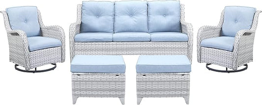 Belord 5 Piece Outdoor Patio Furniture Set - Wicker Furniture Patio Conversation Set, Outdoor Swivel Rocker Chairs with 3-Seater Sofa and 2 Ottomans for Small Space, Baby Blue Cushion