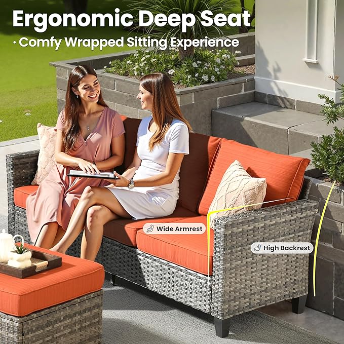 ovios 7 Pieces Patio Furniture Set, Outdoor Wicker Sofa Couch with Rocking Swivel Chairs Fire Pit Table, Modern Deep Seat Rattan Conversation Sets for Porch Deck, Grey