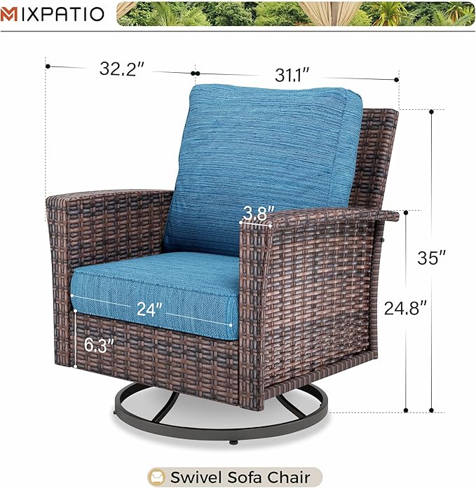 Swivel Patio Wicker Chairs Set of 2, Outdoor Swivel Patio Rattan Chairs with High Back and 5.5" Thick Cushions for Bistro Balcony Porch Deck and Yard, Peacock Blue