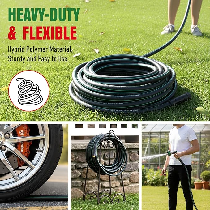 Garden Hose 50ft with 10 Function Nozzle, NON-EXPANDABLE Flexible Water Hose, Kink Resistant Lightweight Hybrid Hose, Leakproof Hose Male to Female Fittings