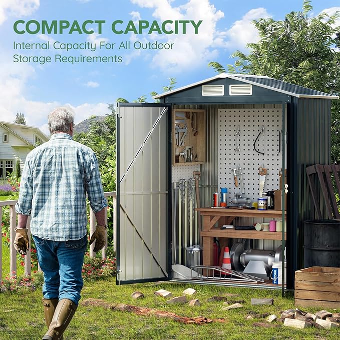 5x3X6.3FT Outdoor Steel Storage Shed with Lockable Doors and Frame Floor, Compact Small Bike Shed, Ideal for Garden, Backyard, Swimming Pool, Patio Utility and Tool Storage, Dark Blue