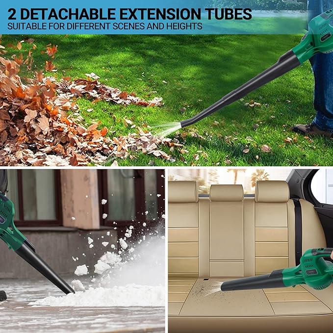 WISETOOL 20V Cordless Leaf Blower with Battery and Charger, Leaf Blower Battery Operated, Variable Speed with 2 Tubes for Patio, Leaves Blowing-Green