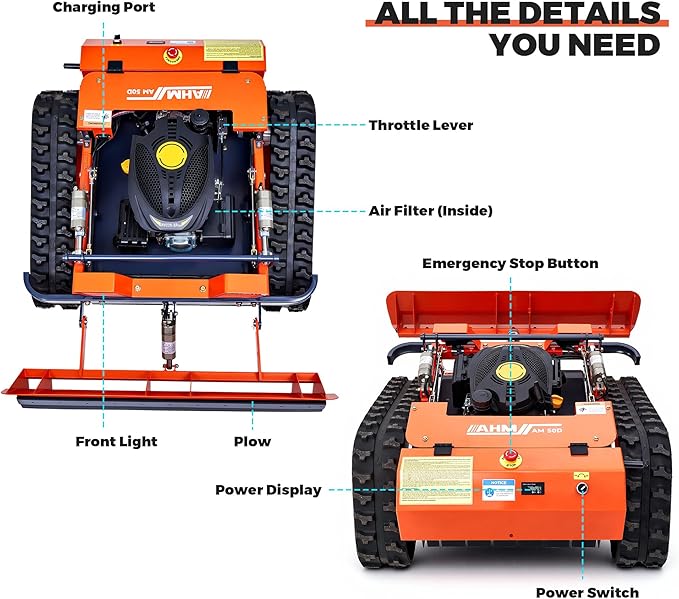 AHM Lawn Mower with Snow Plow, Remote-Controlled Grass Cutter & Snow Blower with 19.7" Cutting Width, Zero Turn Electric Grass Trimmer with 0.8"-5.9" Height Range 45° Max Slope 1094yd Remote Range
