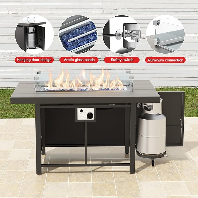 43" All Aluminum Outdoor Propane Gas Fire Pit Table with Rectangle Fire Pit Lid,55000 BTU Auto-Ignition Table Fire Pit w/Glass Wind Guard, Glass Rock for Outdoor,ETL Certified