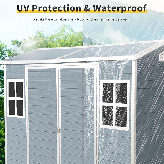 8x4 ft Outdoor Resin Storage Shed with Floor, Waterproof Plastic Garden Shed with Lockable Door and Two Windows, All-Weather Tool Sheds for Backyard, Patio, Lawn (Grey)