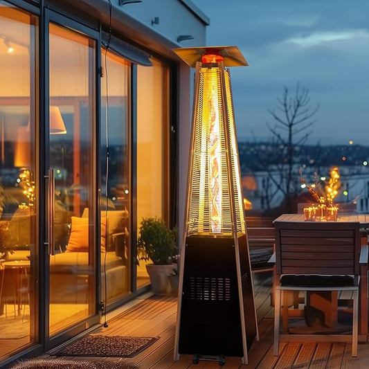 48,000 BTU Flame Pyramid Pool Heater With Cover, Triple Safety Protection Portable Patio Heater with Patio Cover, Warm Glass Tube with Durable Wheels-Black