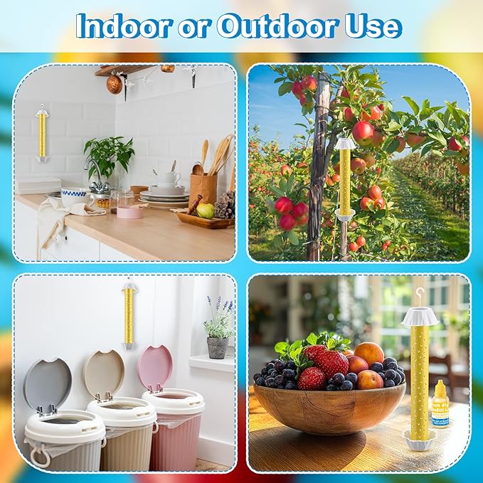 Qualirey 3 Pack Fruit Fly Trap Sticks for Indoors & Outdoor, Comes with 2 Pack Fruit Fly Trap Refill Liquid (0.68oz / Bottle), Non Toxic Hanging Sticky Flies Catcher Stick