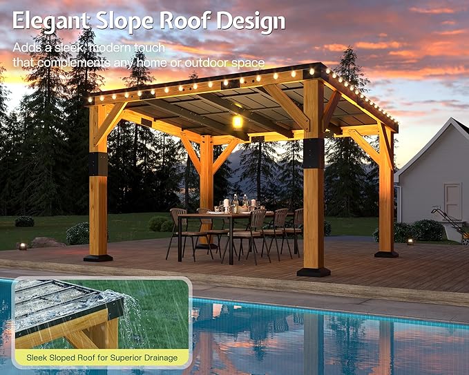 Jocisland 10' x 12' Cedar Wood Gazebo with Sloped Galvanized Steel Roof, Hardtop Gazebo Pavilion with Durable, Rot-Resistant Construction, Permanent Outdoor Pergola for Backyard, Garden & Deck