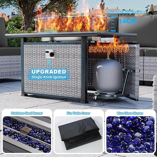 15-Piece Patio Furniture Set, Outdoor Patio Furniture with 55,000 BTU Fire Pit Table, Thick Cushions, Modular Patio Sofa, Dual-Strand Wicker Rattan, Rust-Resistant Frame, Black