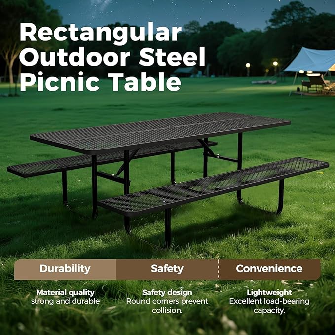 KUFUH 72" Coated Round Metal Picnic Table for 4-6 Person, Durable Heavy Duty Commercial Picnic Table with Umbrella Hole for Outdoor Coffee Shop, School, Easy to Install, Black
