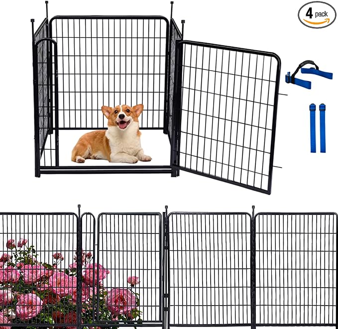 Tall Garden Fence Animal Barrier, 48 in(H) Fencing for Garden Beds, 4 Panels Total 8.9 Ft(L),Temporary Fence for Dogs Outdoor, 21 in Wide Low Threshold Gate, Garden Fence Border,Rabbit Fence