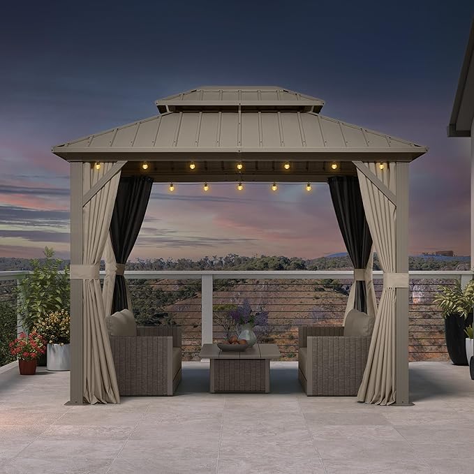 PURPLE LEAF 8' x 10' Outdoor Hardtop Gazebo, Champagne Small Metal Gazebo with Galvanized Steel Double Roof, Curtains and Netting for Patio Lawn and Garden