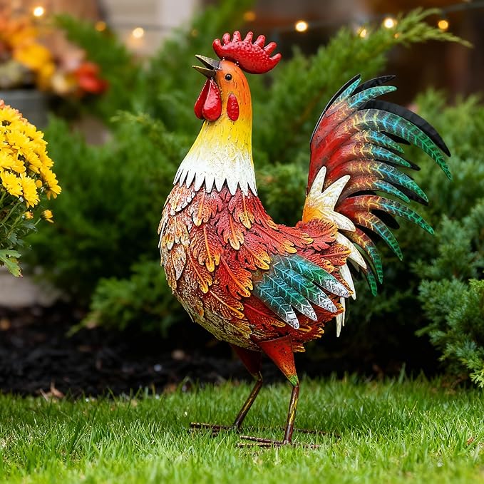Autodaya 21" Metal Rooster Yard Decor, Outdoor Garden Statues, Metal Chicken Sculpture for Backyard Patio Kitchen Decor