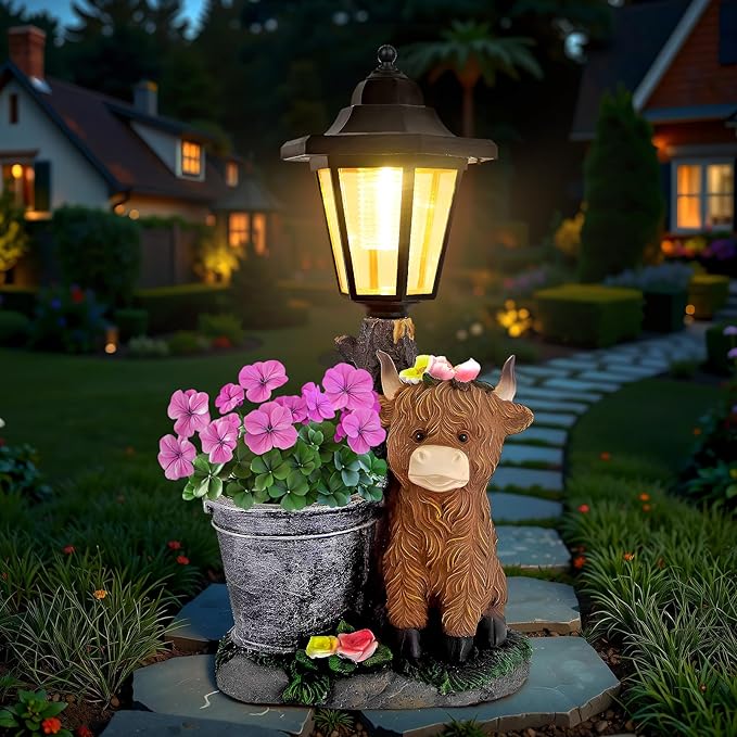YEPOTUE Solar Highland Cow Outdoor Statues, Garden Sculptures with Flowerpot Decor & Solar Lantern for Yard Art Lawn Ornaments Porch Patio Balcony - Birthday Gifts for Women Mom