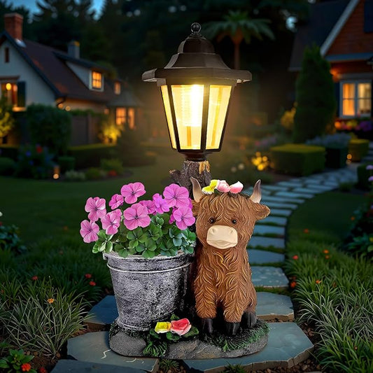 YEPOTUE Solar Highland Cow Outdoor Statues, Garden Sculptures with Flowerpot Decor & Solar Lantern for Yard Art Lawn Ornaments Porch Patio Balcony - Birthday Gifts for Women Mom
