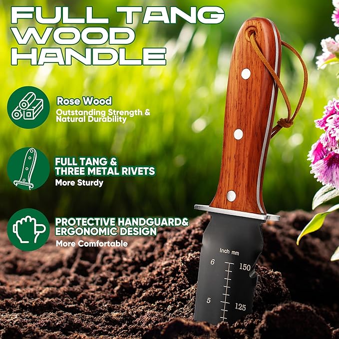 Hori Hori Garden Knife, Gardening Tools with Leather Sheath for Weeding, Gardening, Digging, 7” Stainless Steel Blade with Black Electrophoresis Coating, Double Cutting Edge, Full Tang Wood Handle with Hanging Hole