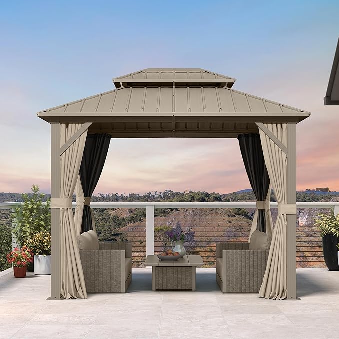 PURPLE LEAF 8' x 10' Outdoor Hardtop Gazebo, Champagne Small Aluminum Gazebo with Galvanized Steel Double Roof, Curtains and Netting for Patio Lawn and Garden