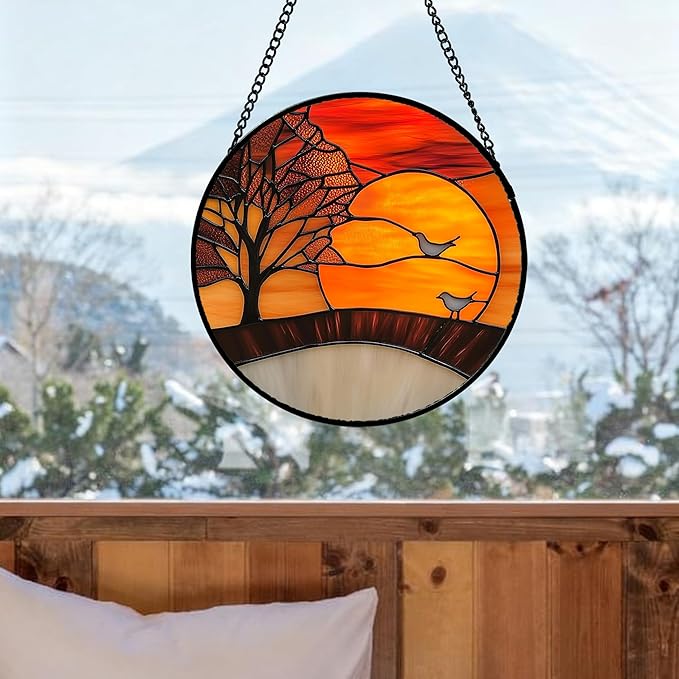 QZQCBLC Stained Glass Window Hanging Orange Sunset Landscape 6.3" - Maple Suncatcher Door Garden Sun Catcher Home Decor Birthday Christmas for Mom Men Woman Wife Friend