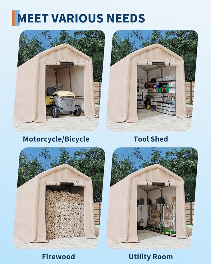 7X12 FT Heavy-Duty Portable Outdoor Storage Shed with Roll-Up Zipper Door & Vent, 240g Waterproof Carport Storage Shelter, UV-Resistant Canopy for Motorcycle, Firewood, Tools -Gray ﻿