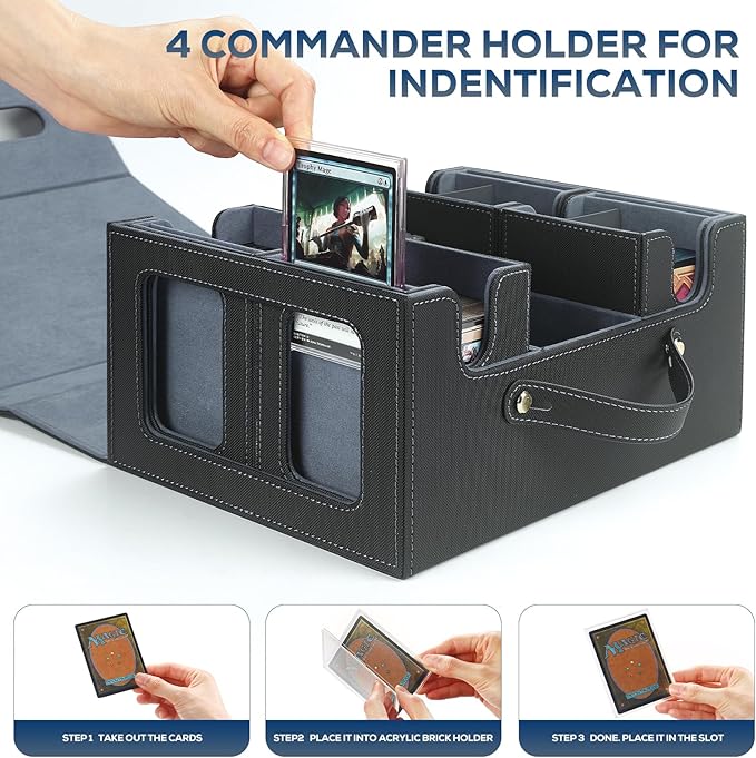 Trading Card Storage Box for MTG, MTG commander deck box，Multi-purpose Deck Case for MTG TCG Sports Card, 4 Toploaders, 4 Stoppers, 4 Colorful Dividers (Black & Grey)