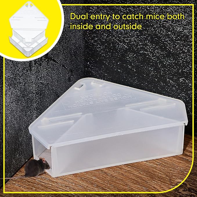 Qualirey 4 Pcs Mice Station with Key Triangle Bait Station Reusable Rodent Trap Bait Box, Keeps Children and Pets Safe Indoor & Outdoor, Bait Not Included, Suitable for Small Mice (Translucent)