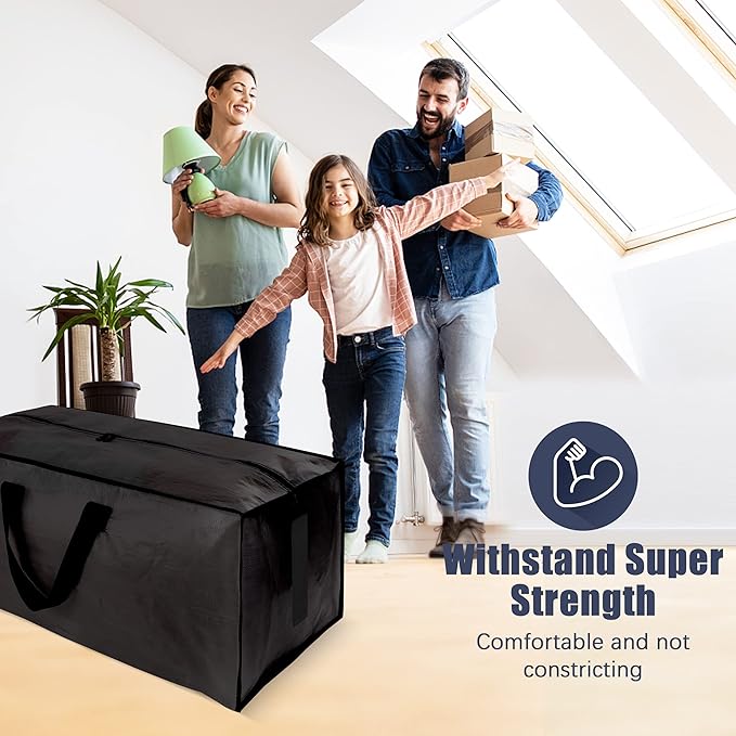 12 Pack Large Strong Moving Bags with Zippers & Carrying Handles - Water-Resistant - Heavy Duty Storage Tote for Space Saving Moving Storage, Fold Flat, Alternative to Moving Box (Black)