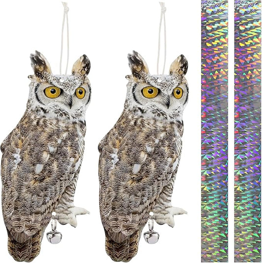 2PCS Reflective Owl Scarer Devices Plastic Owl Hanging Decoration Woodpecker Control Device with Reflective Tape for Garden Patio Pool