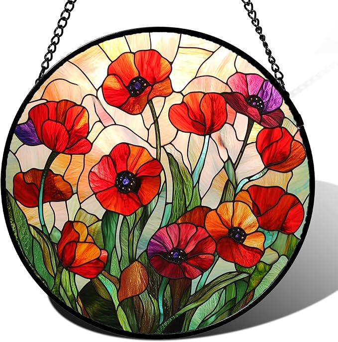 CRISGIF Stained Glass Window Hanging - Poppy Birth Flowers Suncatcher for Door Garden Yard Wildflowers Sun Catchers Decor Christmas Mother's Day Birthday Gifts for Women Mom Nana Friend 15 in