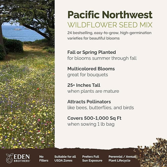 Eden Brothers Pacific Northwest Wildflower Mixed Seeds for Planting, 1 lb, 480,000+ Seeds with Cornflower, CA Bluebell | Attracts Pollinators, Plant in Spring or Fall, Zones 3, 4, 5, 6, 7, 8, 9, 10