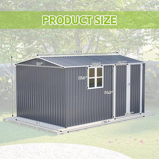 ZMAD Outdoor Storage Shed Metal, Large Garden Tool Sheds Outdoor with Lockable Doors, Waterproof Steel Utility Storage Building (Gray, 8X 12ft /Floor Frame)