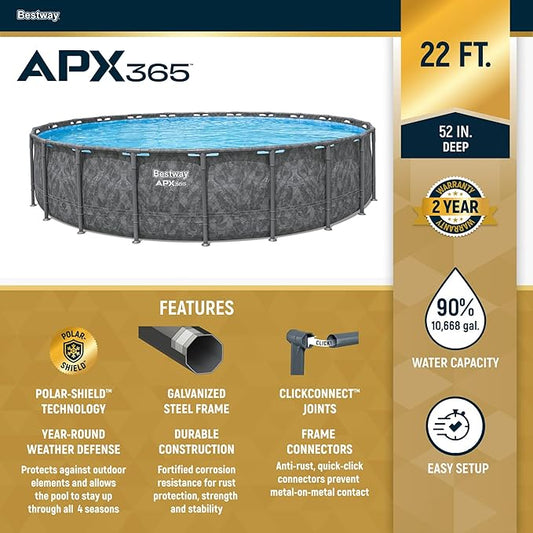 Bestway APX 365 22' x 52" Above Ground Pool, Round Metal Frame Outdoor Swimming Pool Set with Sand Filter Pump, Ladder, and Cover, Dark Marble