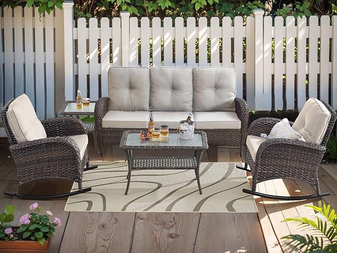 HUMMUH 5-Piece Outdoor Patio Furniture PE Wicker Patio Conversation Set,All-Weather Outdoor Rocking Chairs with Patio Couch Tables for Backyard,Poolside,Deck