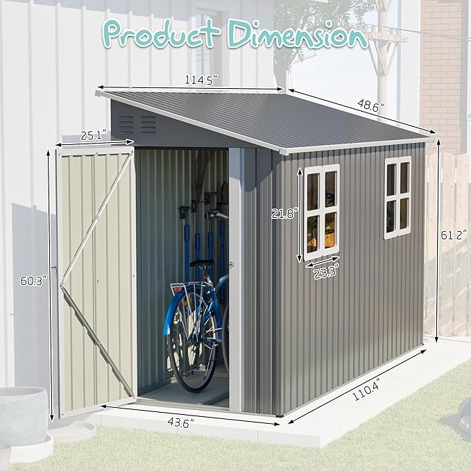 4x10FT Metal Shed with Floor Frame, Lean to Shed with 2 Windows, Outdoor Storage Shed for Garden Backyard Patio, Outside Large Tool Shed for Tools& Bicycle Storage