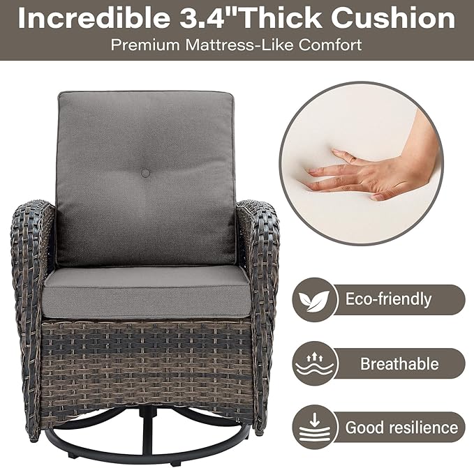 Belord 5 Piece Wicker Patio Furniture Set - Outdoor Conversation Sets with Deep Seating Swivel Rocker Chairs Loveseat and Rattan Coffee Table for Deck Backyard Poolside, Brown Wicker/Gray Cushion