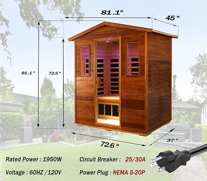 LTCCDSS Ultra-Low EMF Outdoor Sauna 3 Person, Full Spectrum Mahogany Far Infrared Sauna for Home EMF Average 0.5 mG, Chromotherapy, Bluetooth Speakers (81.1 * 45 * 83.5 inch)