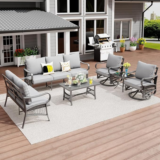 6 Piece Patio Furniture Set, 2 Single Swivel Chairs, Rope Braided Exposed with Thick Cushions, Outdoor All Weather Patio Conversation Sectional Sofa Set for Garden, Porch, Lawn, Grey