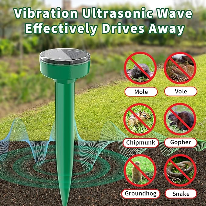 Mole Repellent Ultrasonic Solar Powered 8 Pack Waterproof Outdoor Vole Chipmunk Gopher Groundhog Repeller Snake Rodent Sonic Spikes Deterrent Outdoor Mole Deterrent for Yard (8)