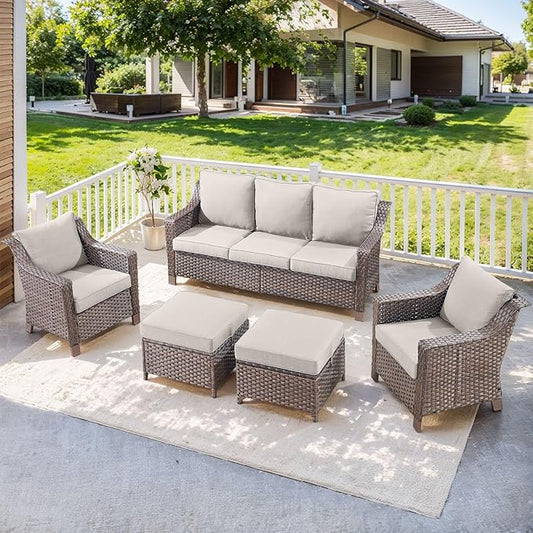 5 Pieces Wicker Patio Furniture Set-Outdoor High Back Sofa with Rattan Wicker Chairs Outdoor Furniture for Porch Garden Backyard Poolside-Brown/Beige