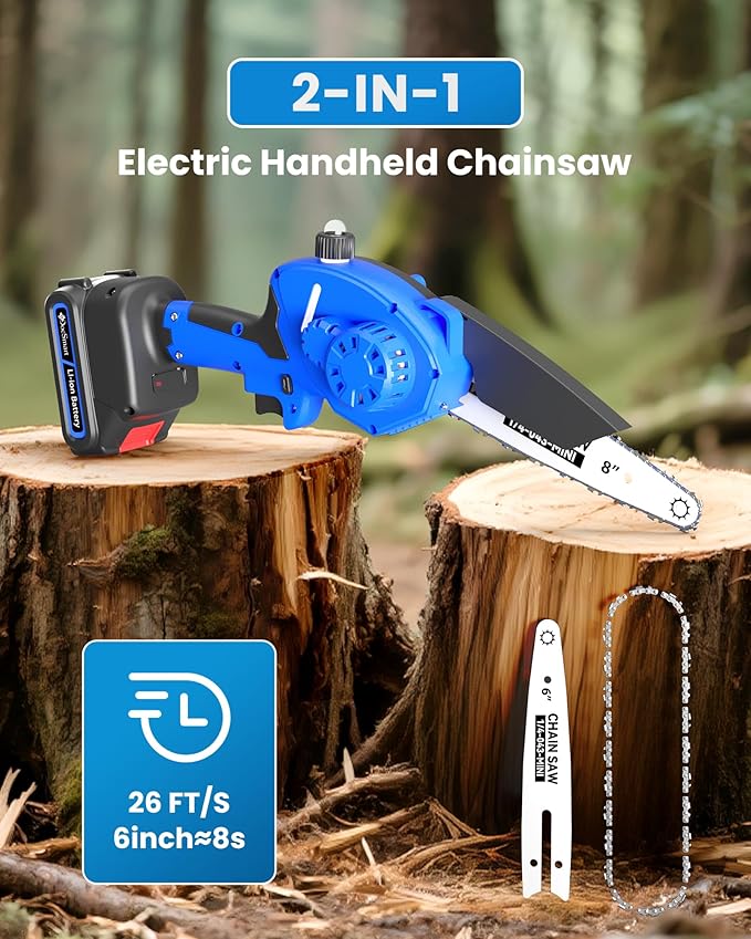 Mini Chainsaw Electric Cordless: 8 Inch & 6 Inch Brushless Chain Saw with 2 Pack Rechargeable Batteries, Battery Powered Handheld Saw for Trees Trimming Wood Cutting, Perfect Gardening Tools for Men
