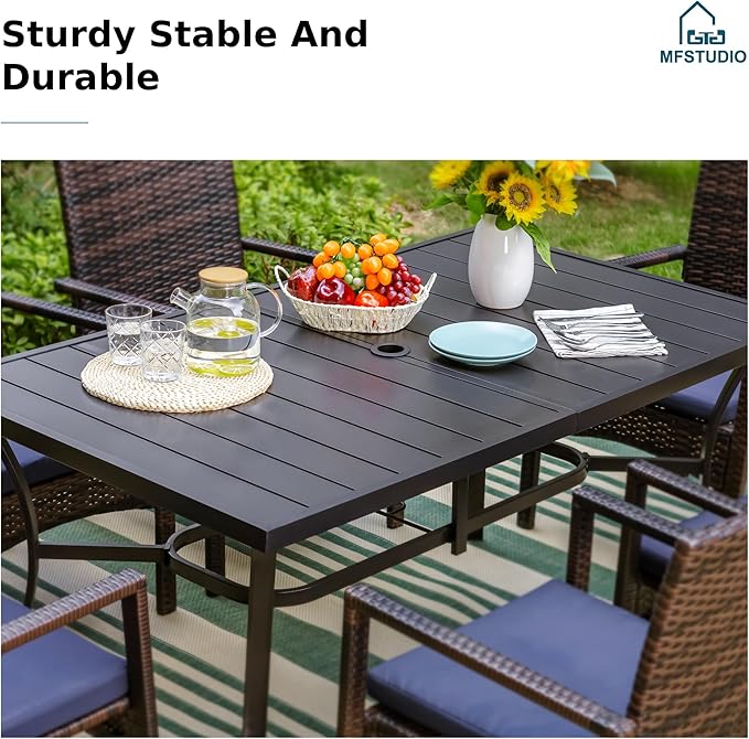 MFSTUDIO 7 Piece Patio Dining Table for 6, 59'' Rectangular Metal Table & Wicker Chairs, Outdoor Rattan Dining Furniture with Umbrella Hole, Deck, Porch